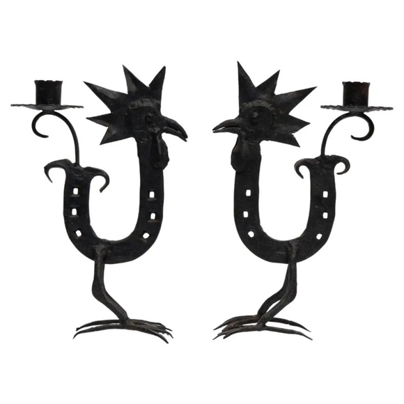 Set Of 2 Wrought Iron Rooster Candlestick Holder Horshoe Folk Art - Picture 13 of 14